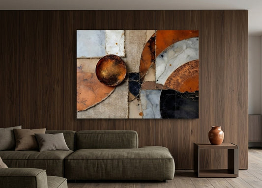 Tableau mural abstrait avec composition minérale et relief subtil pour décoration moderne et intemporelle.

