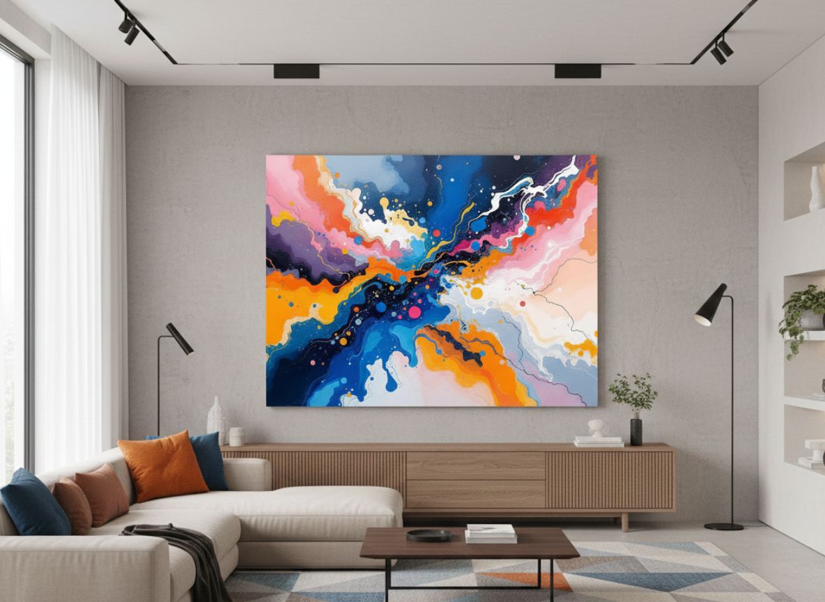 Tableau abstrait contemporain coloré en décoration murale
