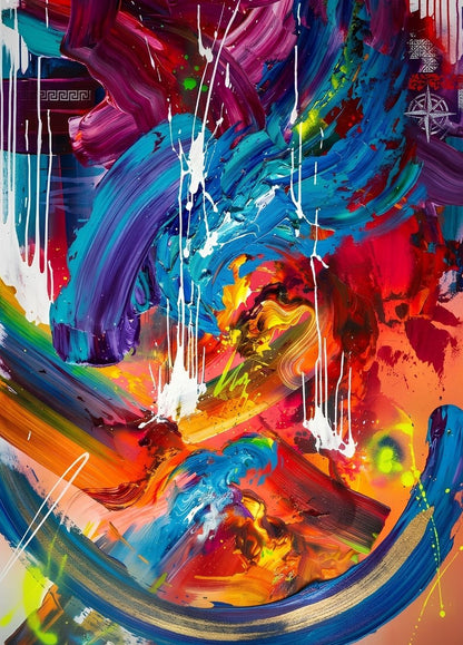 Tableau abstrait coloré aux larges coups de pinceau dynamiques et textures contemporaines vibrantes
