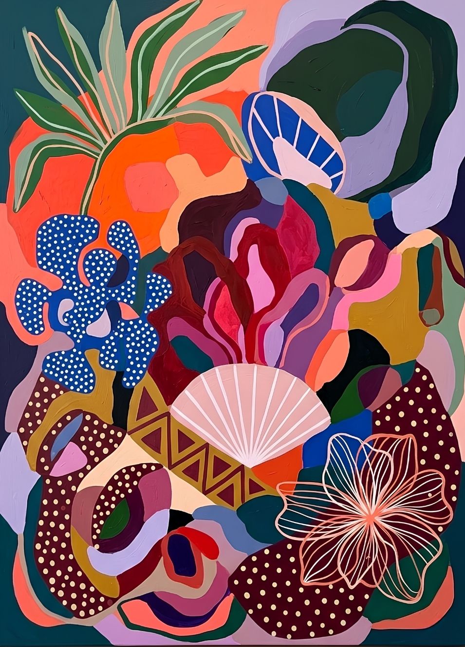 Tableau abstrait floral contemporain aux formes végétales colorées et ambiance tropicale moderne
