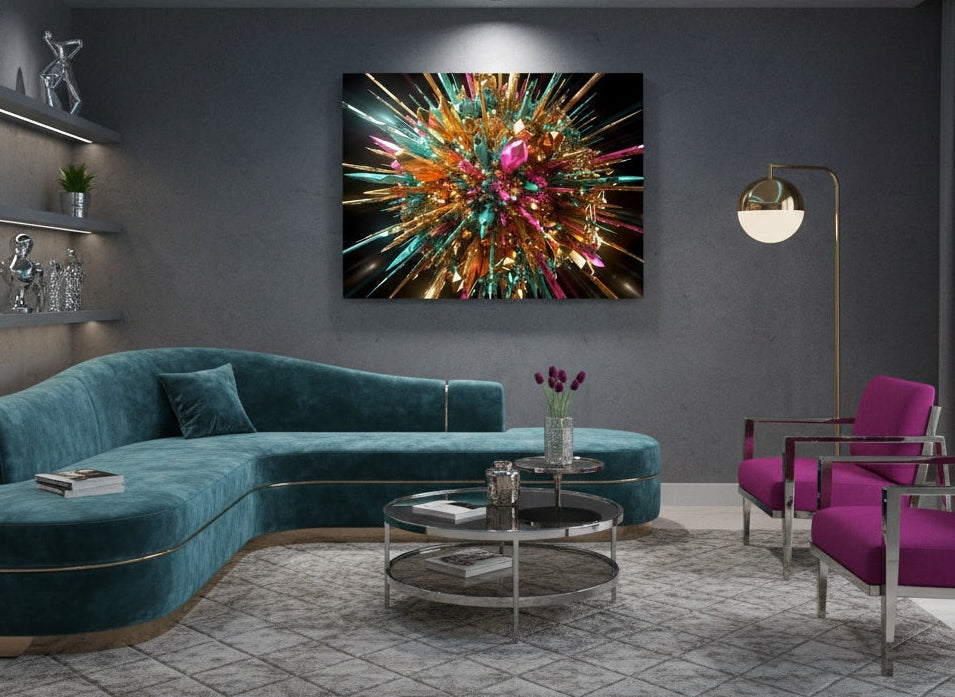 Art mural contemporain aux formes cristallines dynamiques
