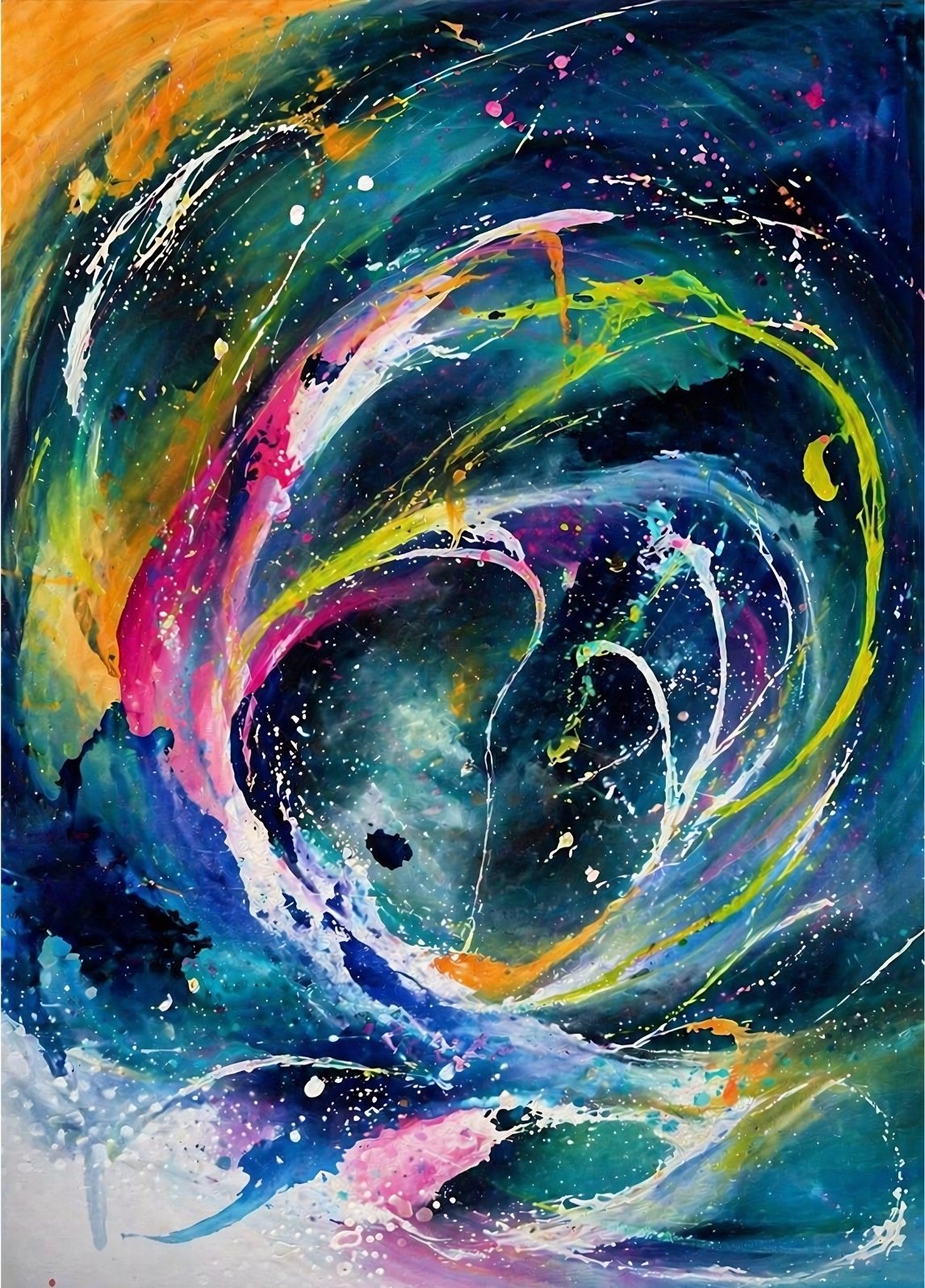 Tableau abstrait galaxie colorée avec vortex cosmique et énergie lumineuse contemporaine
