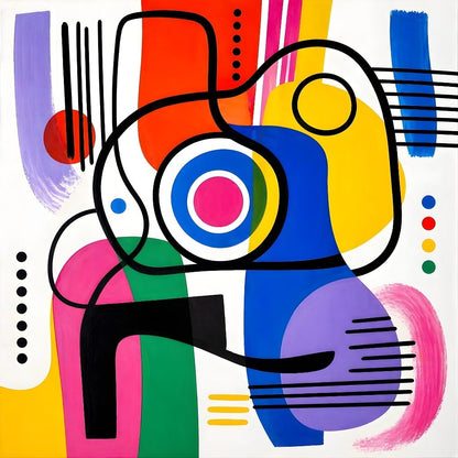 Tableau abstrait géométrique coloré inspiré du mouvement Bauhaus contemporain
