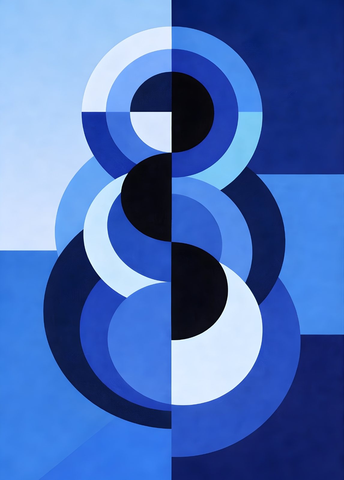 Tableau abstrait géométrique bleu avec cercles imbriqués et composition symétrique contemporaine
