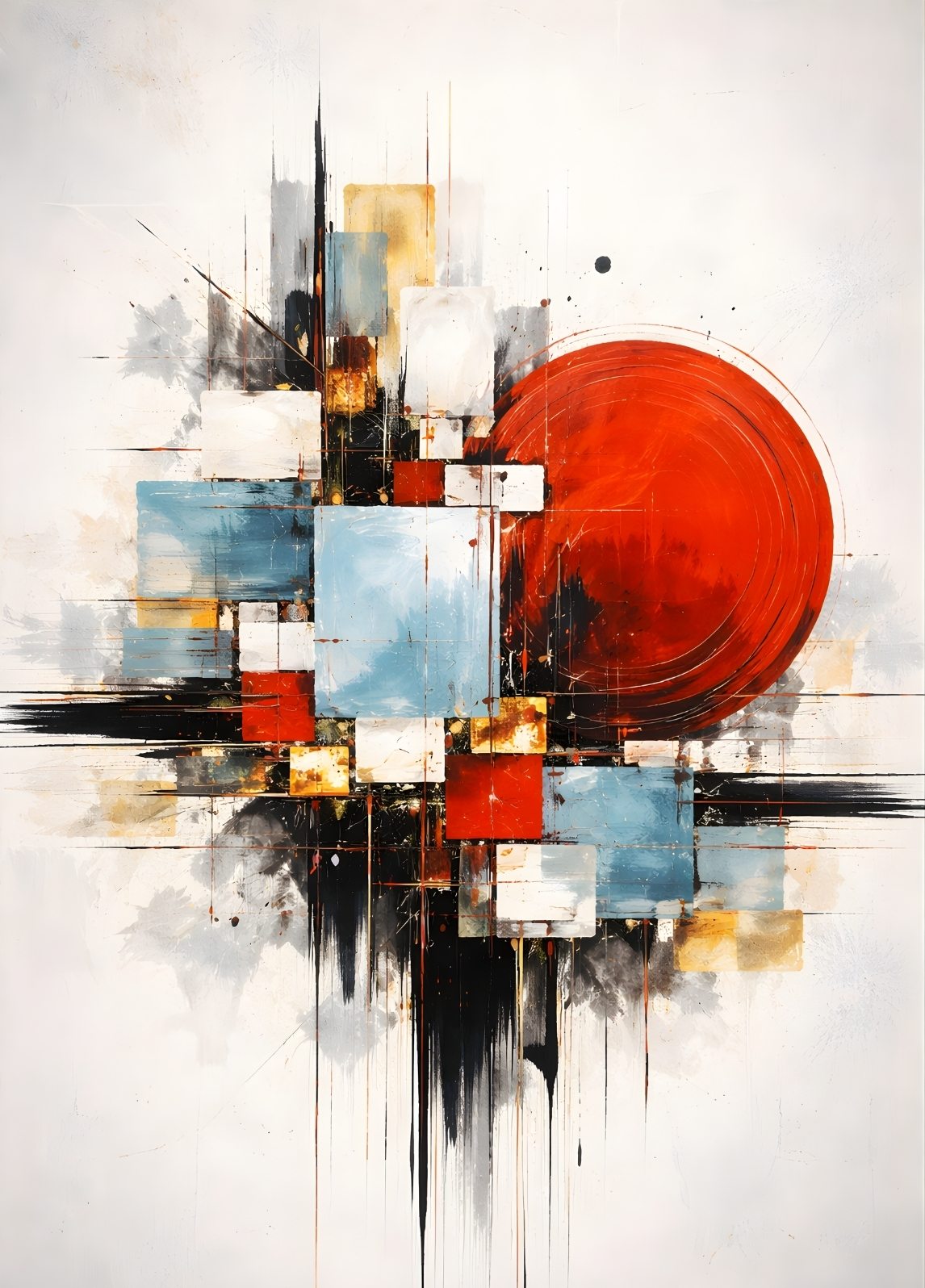 Tableau abstrait contemporain avec cercle rouge et formes géométriques graphiques
