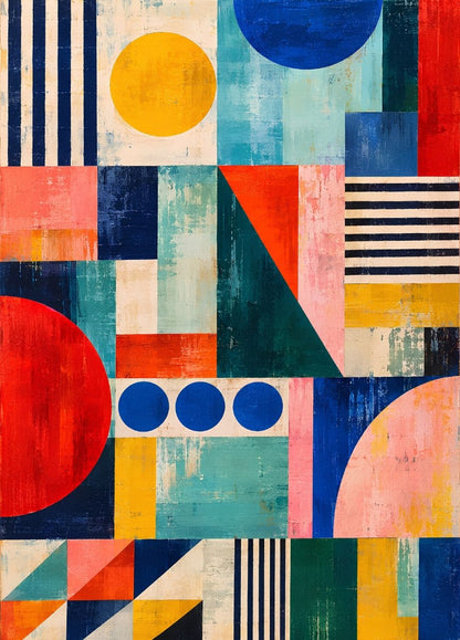Tableau abstrait géométrique coloré composé de cercles, rectangles, triangles et rayures bleu, rouge, jaune, rose et vert
