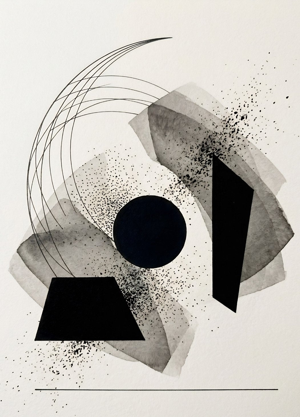 Tableau abstrait géométrique noir et blanc avec cercle central formes graphiques et effets de transparence contemporains
