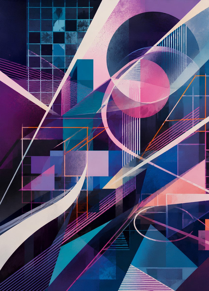 Composition abstraite géométrique aux nuances de bleu, violet et rose inspirée du design contemporain
