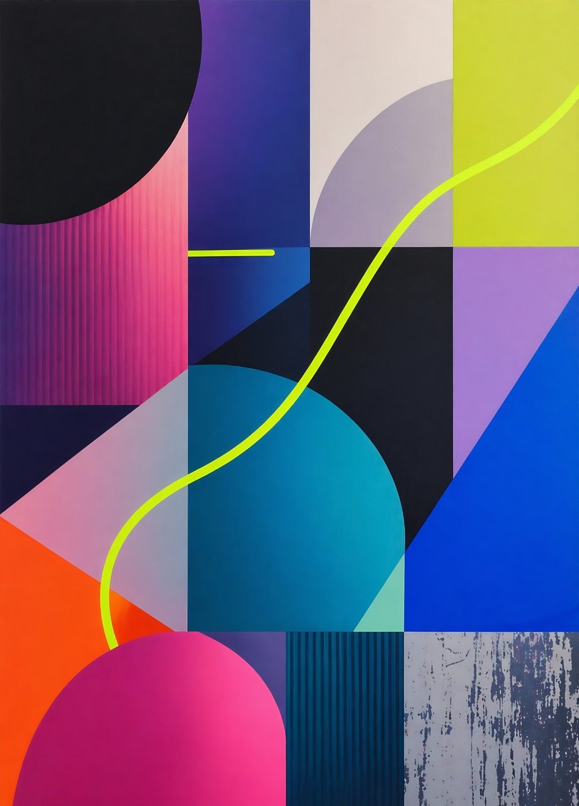 Tableau abstrait géométrique avec formes colorées et ligne néon dynamique
