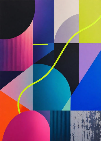 Tableau abstrait géométrique avec formes colorées et ligne néon dynamique
