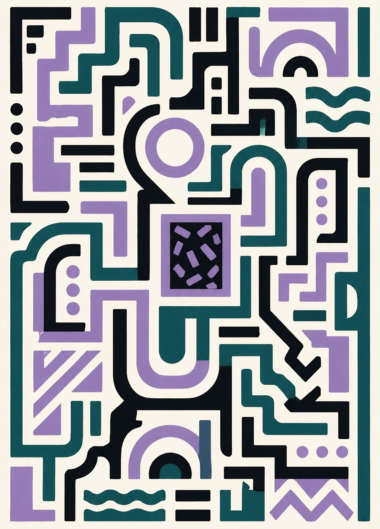 Tableau abstrait géométrique moderne avec lignes graphiques lavande et vert d’eau
