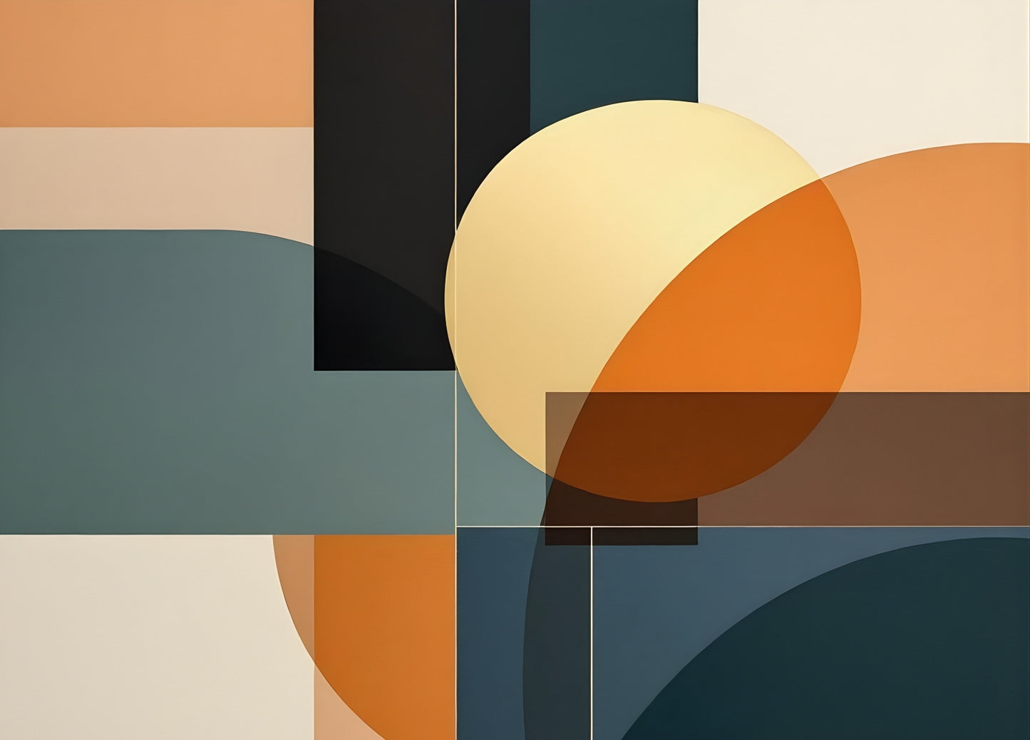 Tableau abstrait géométrique moderne aux tons ocre et bleu
