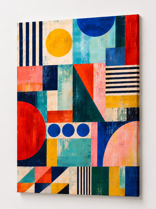 Tableau géométrique moderne avec formes colorées et effets de matière sur fond crème
