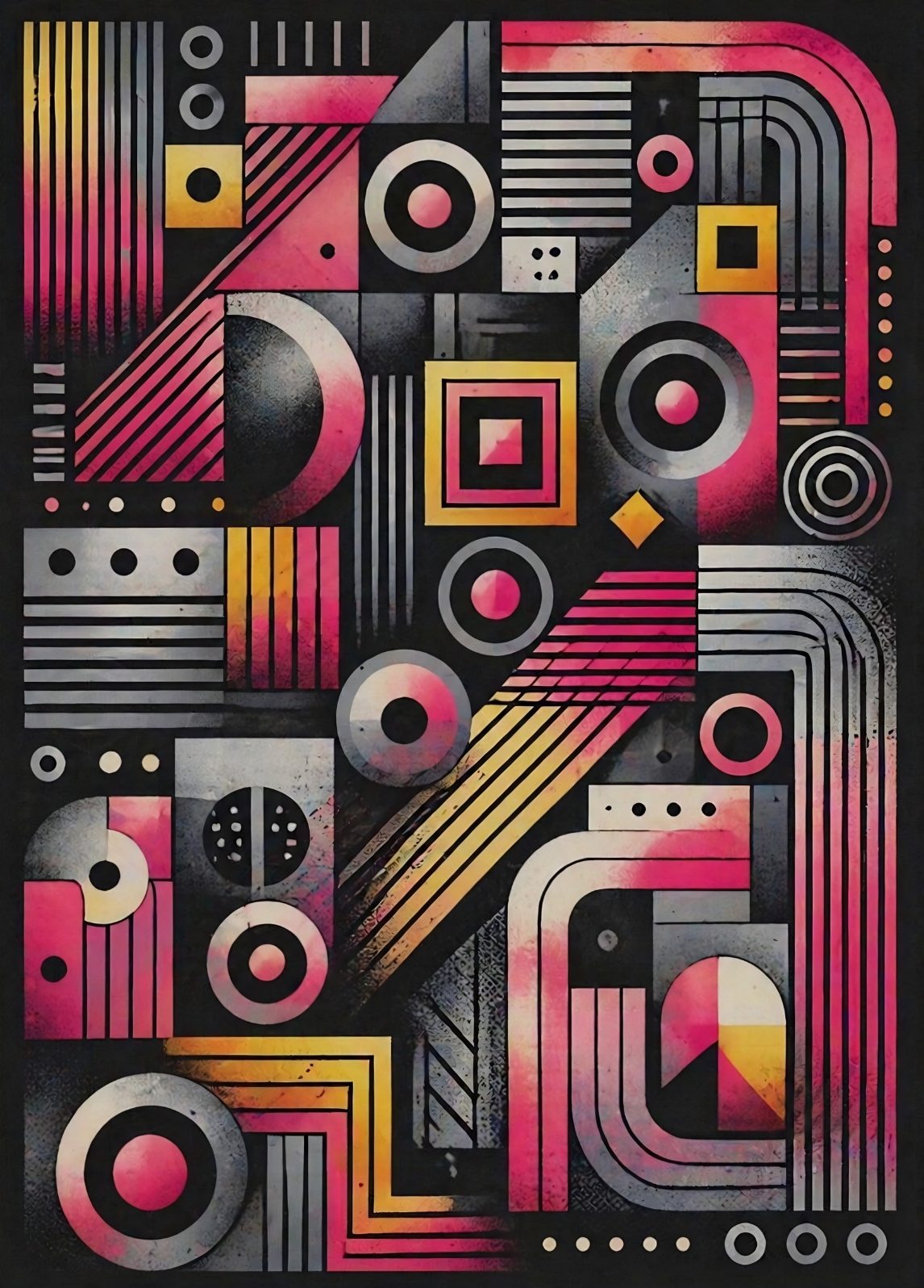 Tableau abstrait géométrique rose et noir avec lignes graphiques modernes et formes contemporaines
