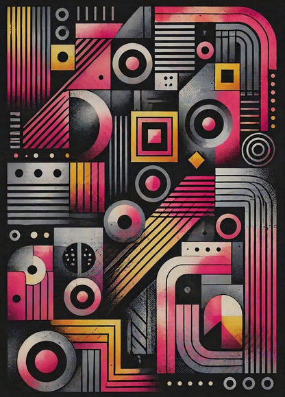 Tableau abstrait géométrique rose et noir avec lignes graphiques modernes et formes contemporaines
