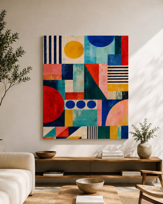 Tableau abstrait géométrique coloré présenté dans un salon contemporain aux tonalités neutres
