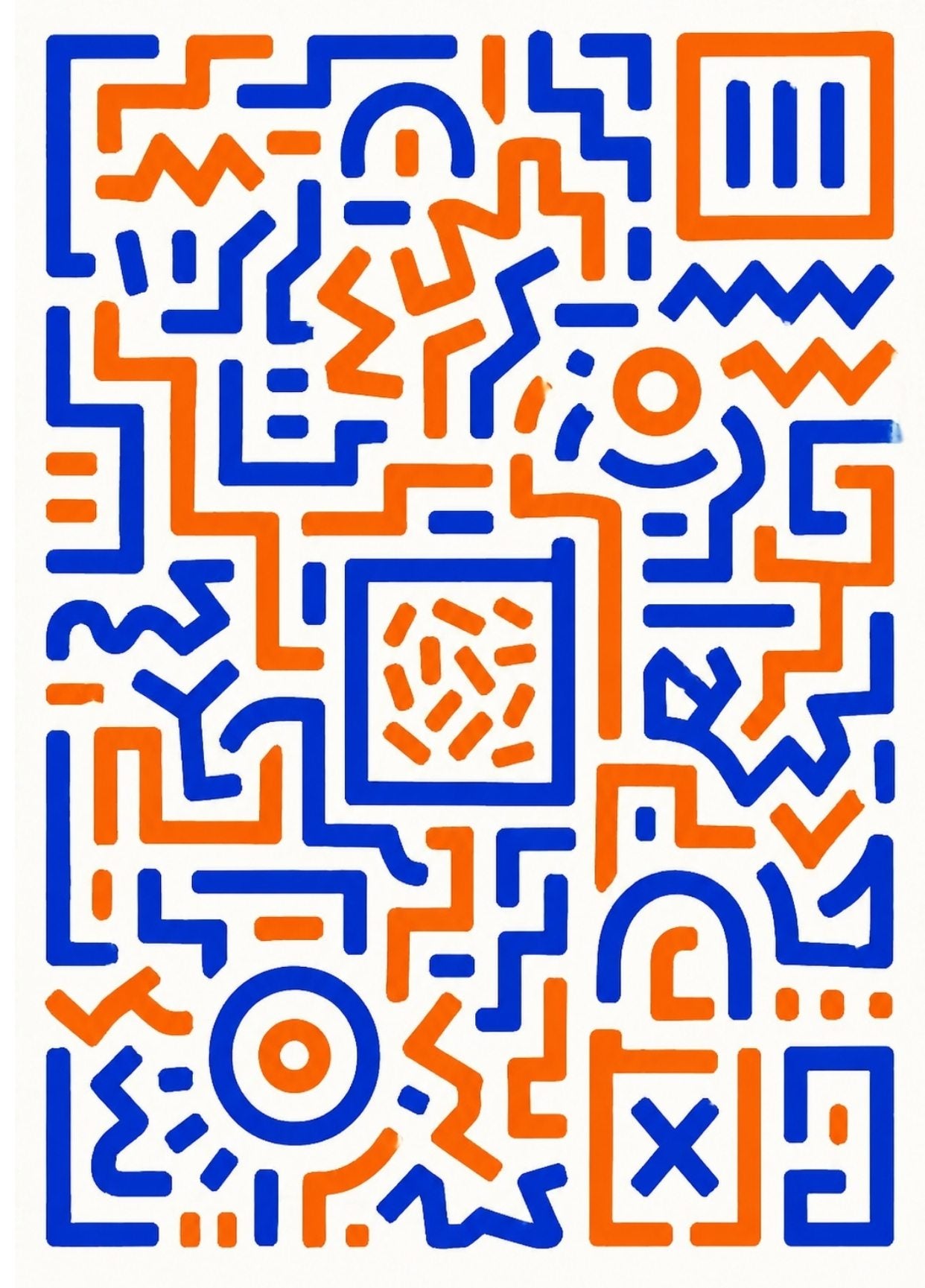 Tableau abstrait graphique bleu et orange avec formes géométriques modernes et design minimaliste
