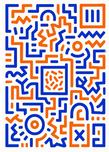 Tableau abstrait graphique bleu et orange avec formes géométriques modernes et design minimaliste
