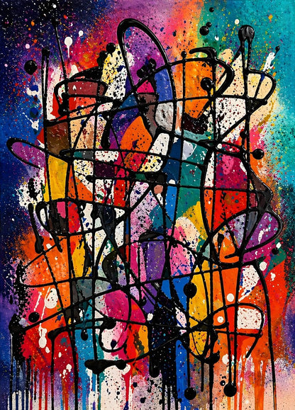 Tableau abstrait coloré avec lignes noires et peinture dynamique pour une déco murale moderne et iconique
