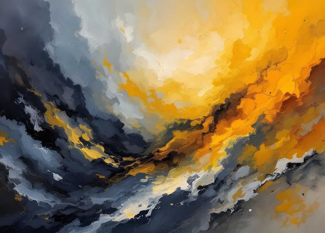 Tableau abstrait contemporain gris noir et lumière dorée texture picturale
