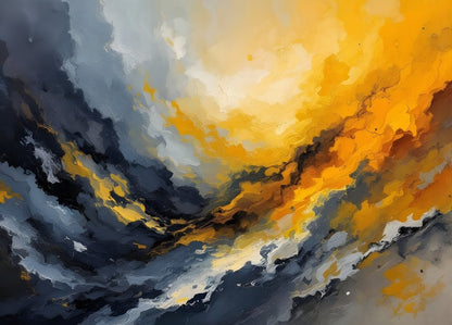 Tableau abstrait contemporain gris noir et lumière dorée texture picturale
