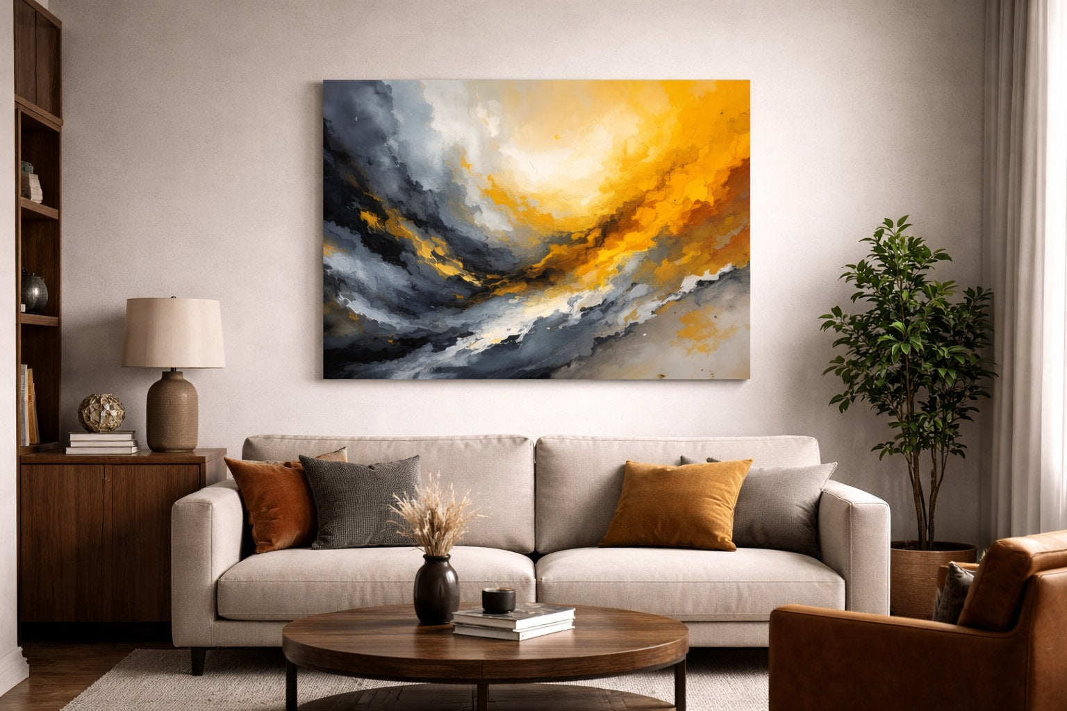 Tableau abstrait gris et doré dans salon moderne décoration murale design

