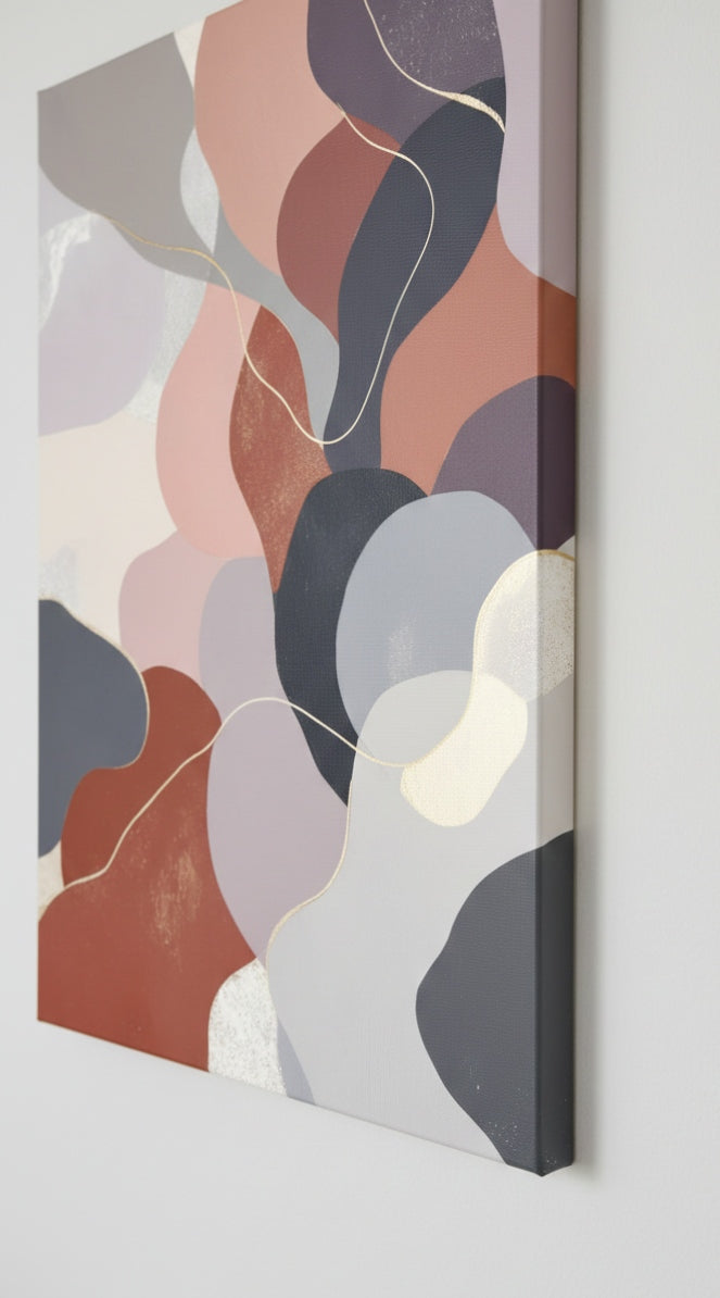 Détail des formes organiques et des transitions de couleurs minérales du tableau abstrait
