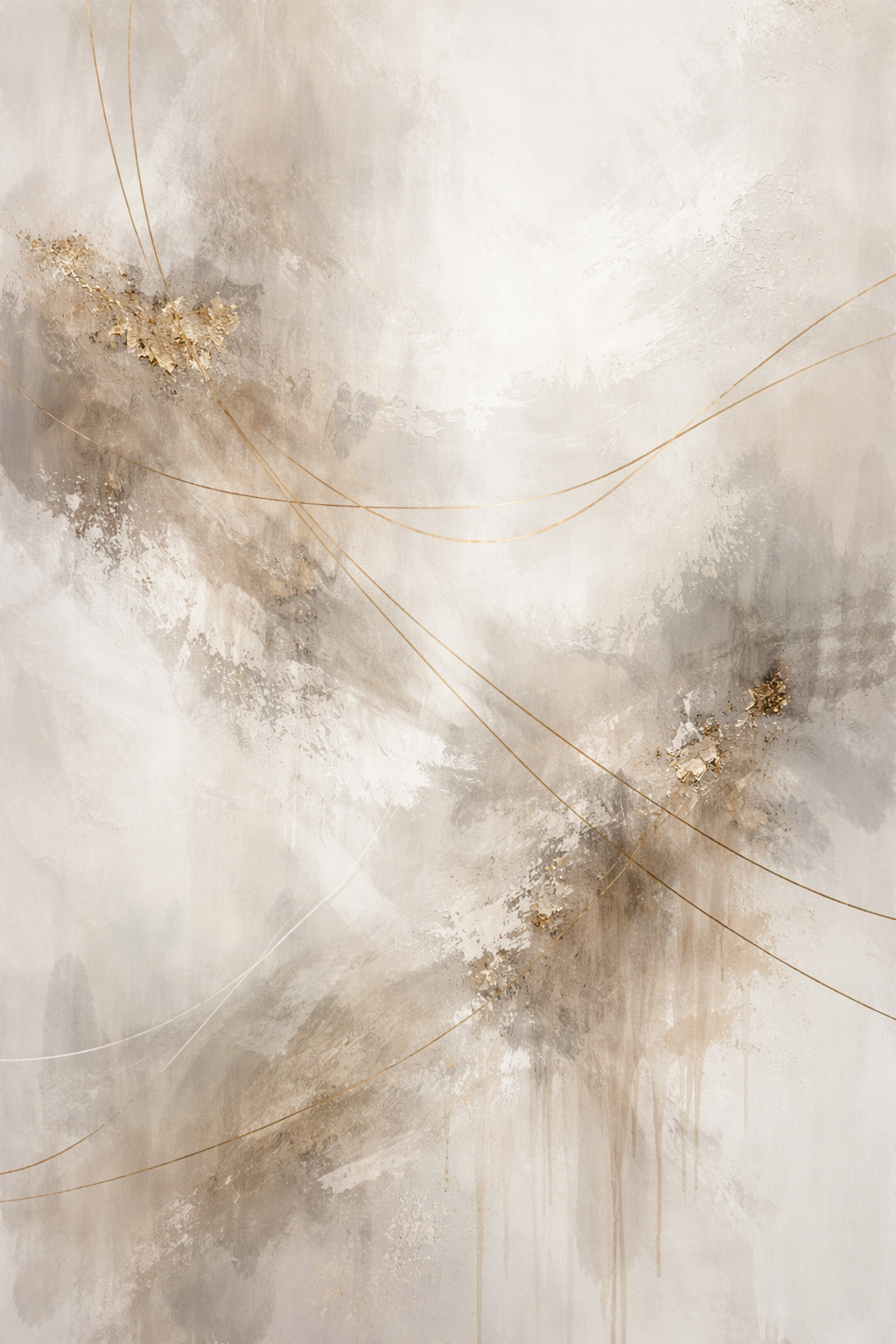 Tableau abstrait contemporain aux tons neutres et lignes dorées
