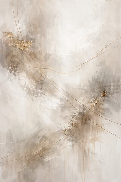 Tableau abstrait contemporain aux tons neutres et lignes dorées
