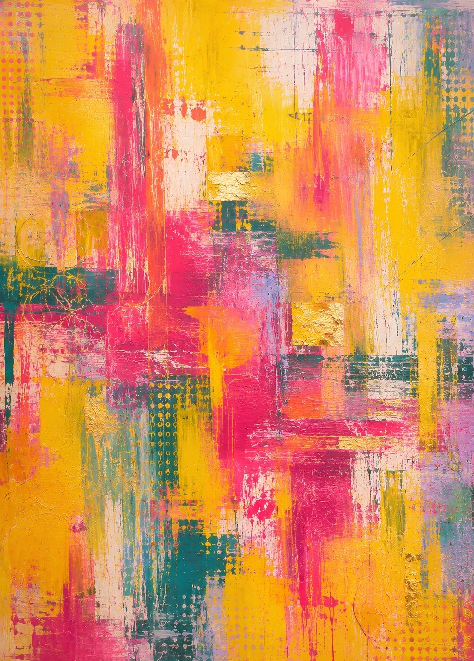 Tableau abstrait jaune et rose fuchsia avec touches turquoise, vertes et effets de matière contemporains
