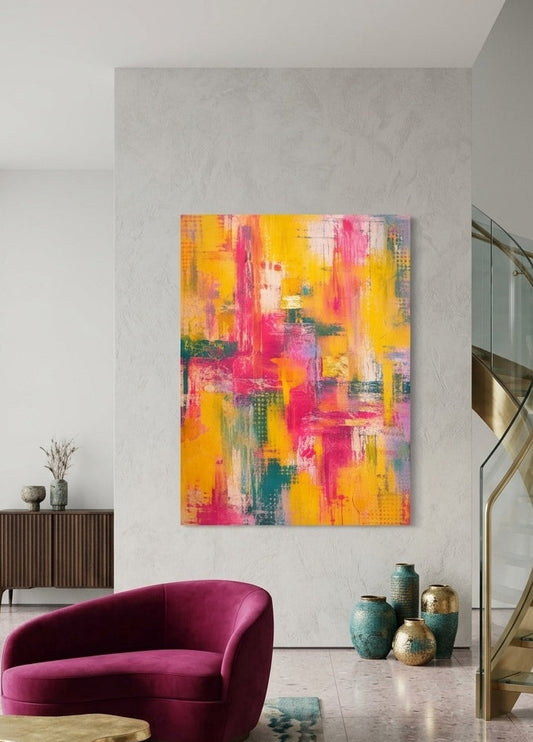 Tableau abstrait jaune et rose installé dans un intérieur contemporain lumineux aux tonalités neutres
