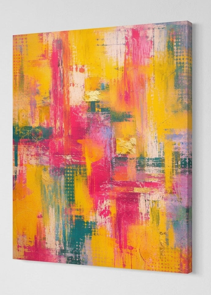 Tableau abstrait jaune et rose vu de profil avec textures picturales et couleurs lumineuses sur son support
