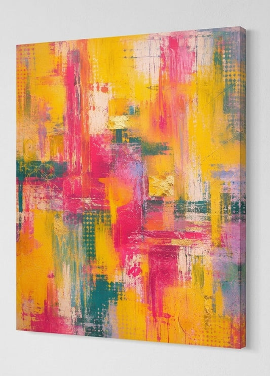 Tableau abstrait jaune et rose vu de profil avec textures picturales et couleurs lumineuses sur son support
