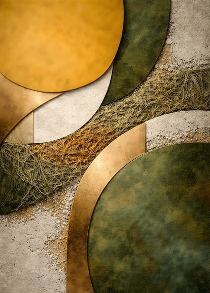Composition abstraite avec textures minérales vertes et dorées apportant relief et élégance à une décoration murale moderne et contemporaine
