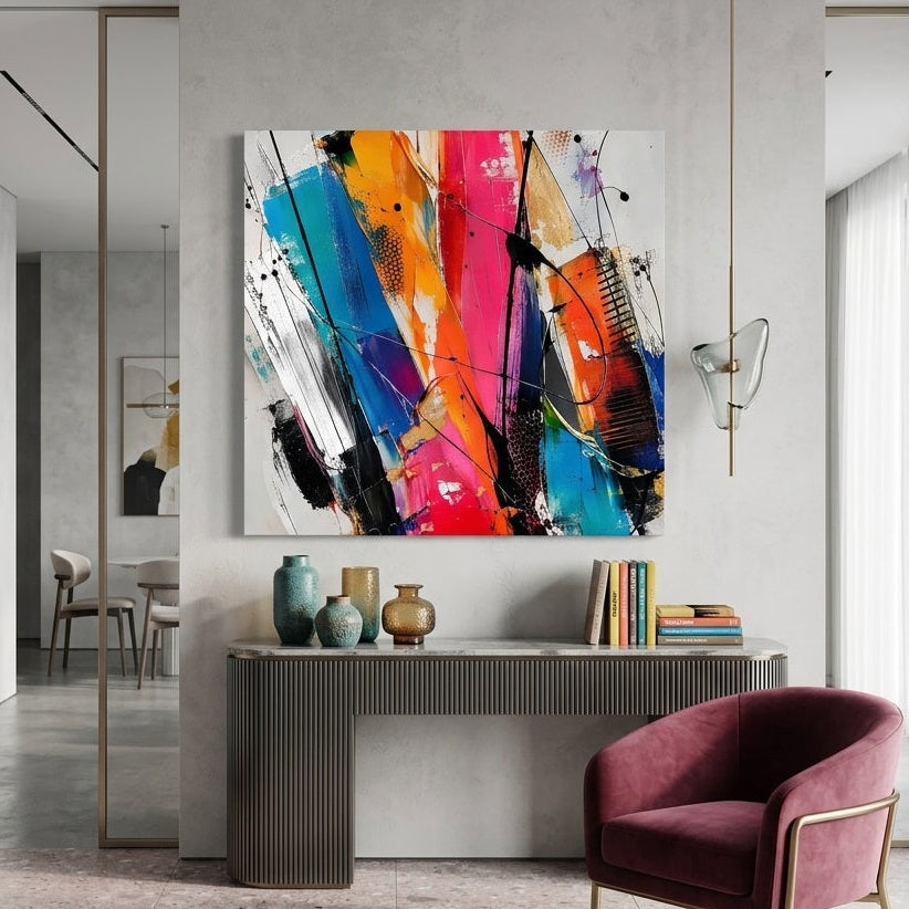 Tableau abstrait moderne coloré installé dans un intérieur contemporain lumineux aux tonalités neutres
