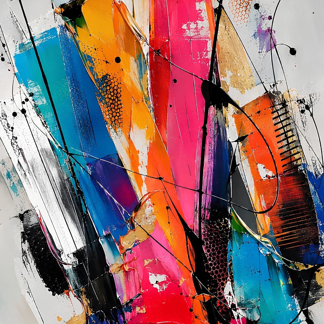 Tableau abstrait moderne coloré avec larges aplats bleu turquoise, rose, orange et rouge, lignes noires et projections sur fond blanc
