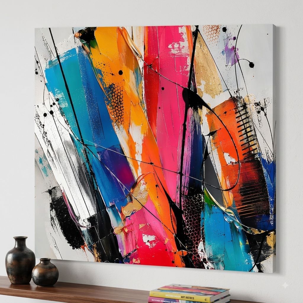 Tableau abstrait moderne coloré vu de profil avec effets de matière, gestes picturaux et lignes graphiques noires

