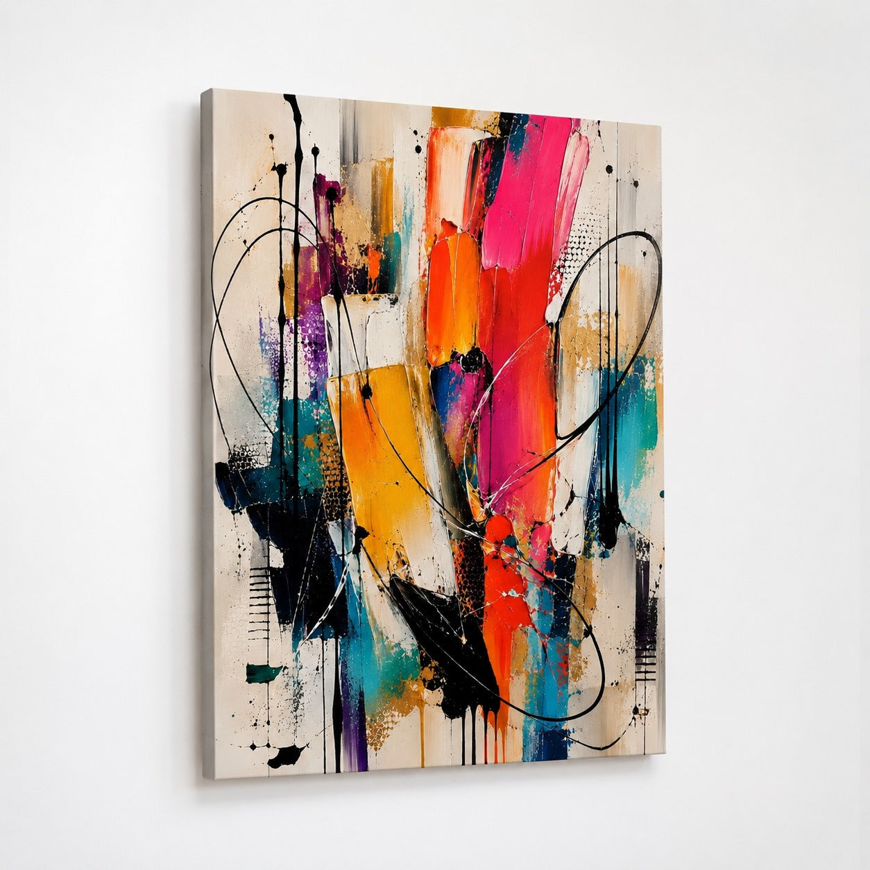 Tableau abstrait moderne coloré vu de profil avec détails de matière, coulures et lignes graphiques noires
