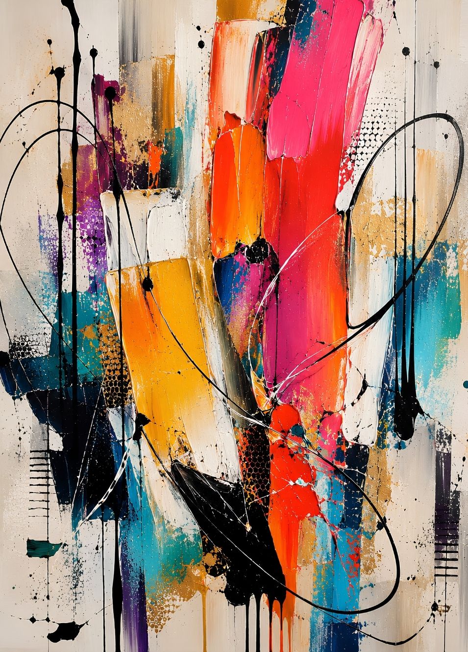 Tableau abstrait moderne coloré avec aplats rose, orange, turquoise et bleu, lignes noires et effets de matière
