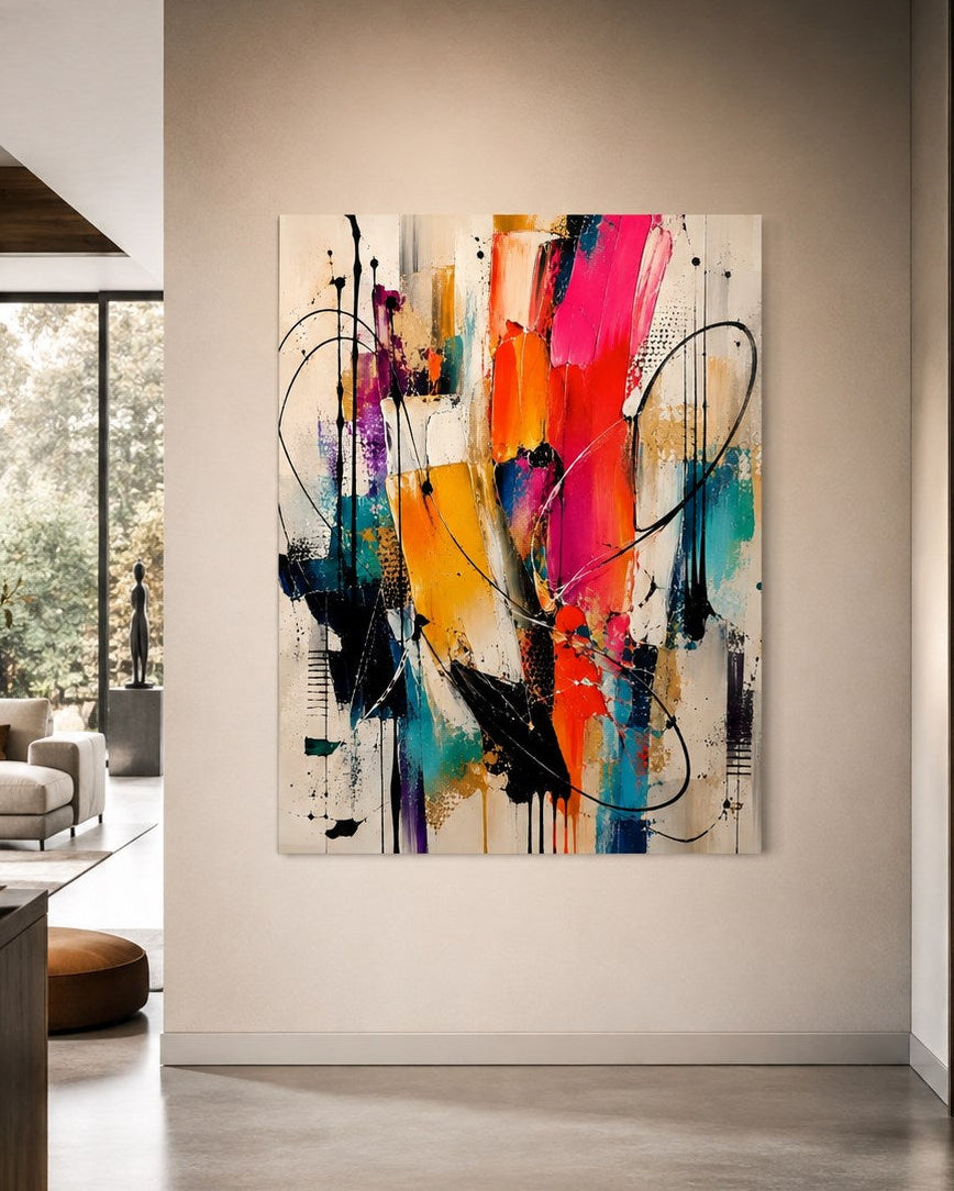 Tableau abstrait moderne coloré installé dans un salon contemporain épuré aux tonalités naturelles
