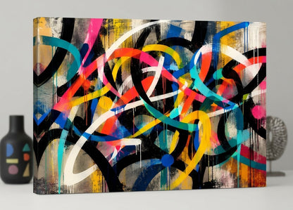 Tableau abstrait moderne aux courbes colorées, coulures de peinture et fond texturé
