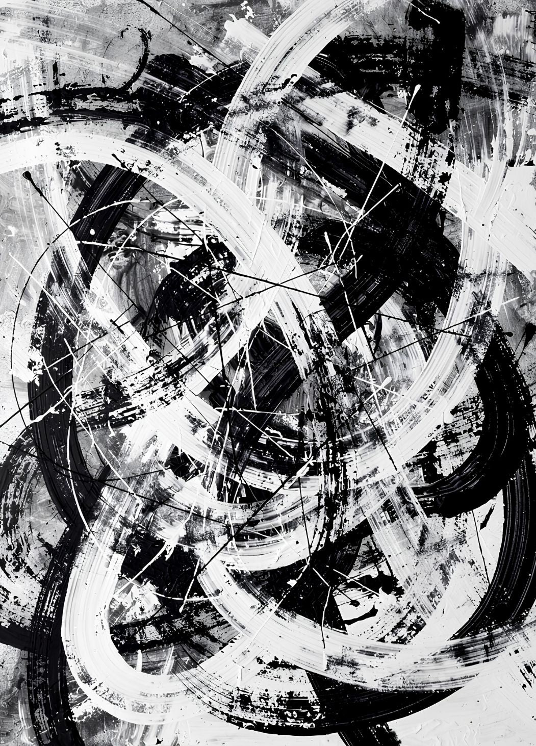 Tableau abstrait noir et blanc Collision en pleine page avec larges mouvements de peinture
