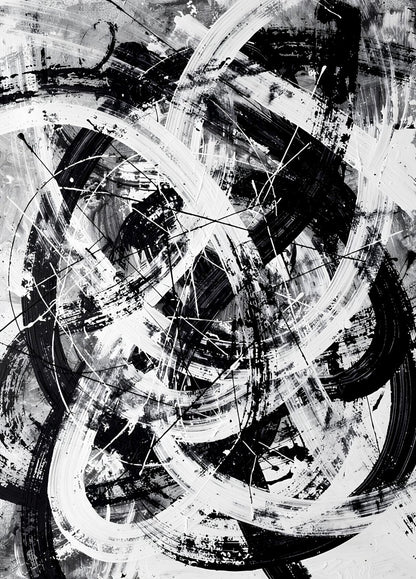 Tableau abstrait noir et blanc Collision en pleine page avec larges mouvements de peinture
