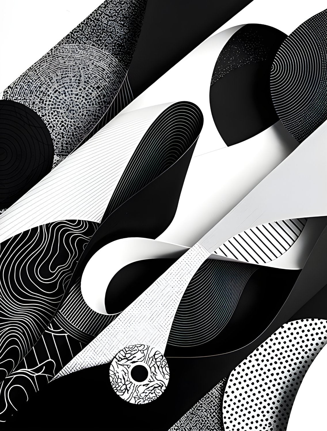 Composition abstraite noir et blanc avec lignes courbes et motifs graphiques modernes créant un effet visuel dynamique pour décoration murale
