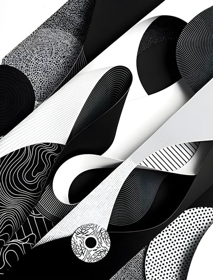 Composition abstraite noir et blanc avec lignes courbes et motifs graphiques modernes créant un effet visuel dynamique pour décoration murale
