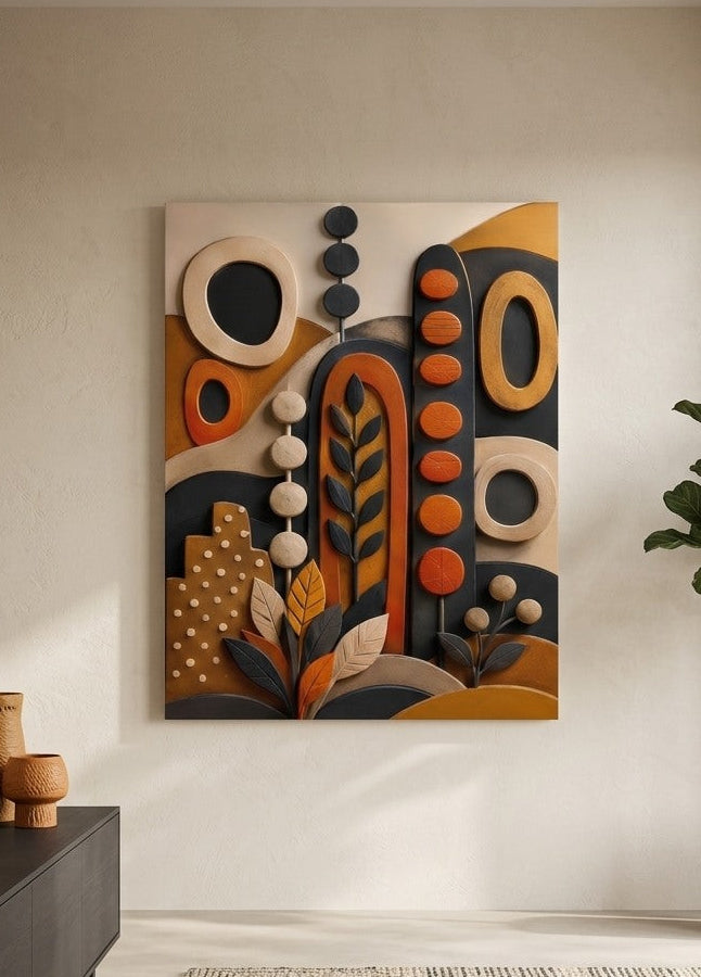 Tableau abstrait organique intégré dans un salon contemporain haut de gamme
