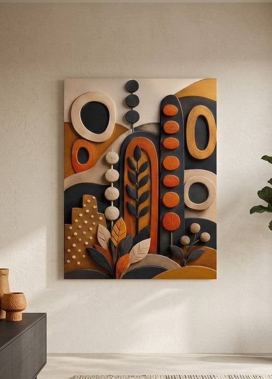 Tableau abstrait organique intégré dans un salon contemporain haut de gamme
