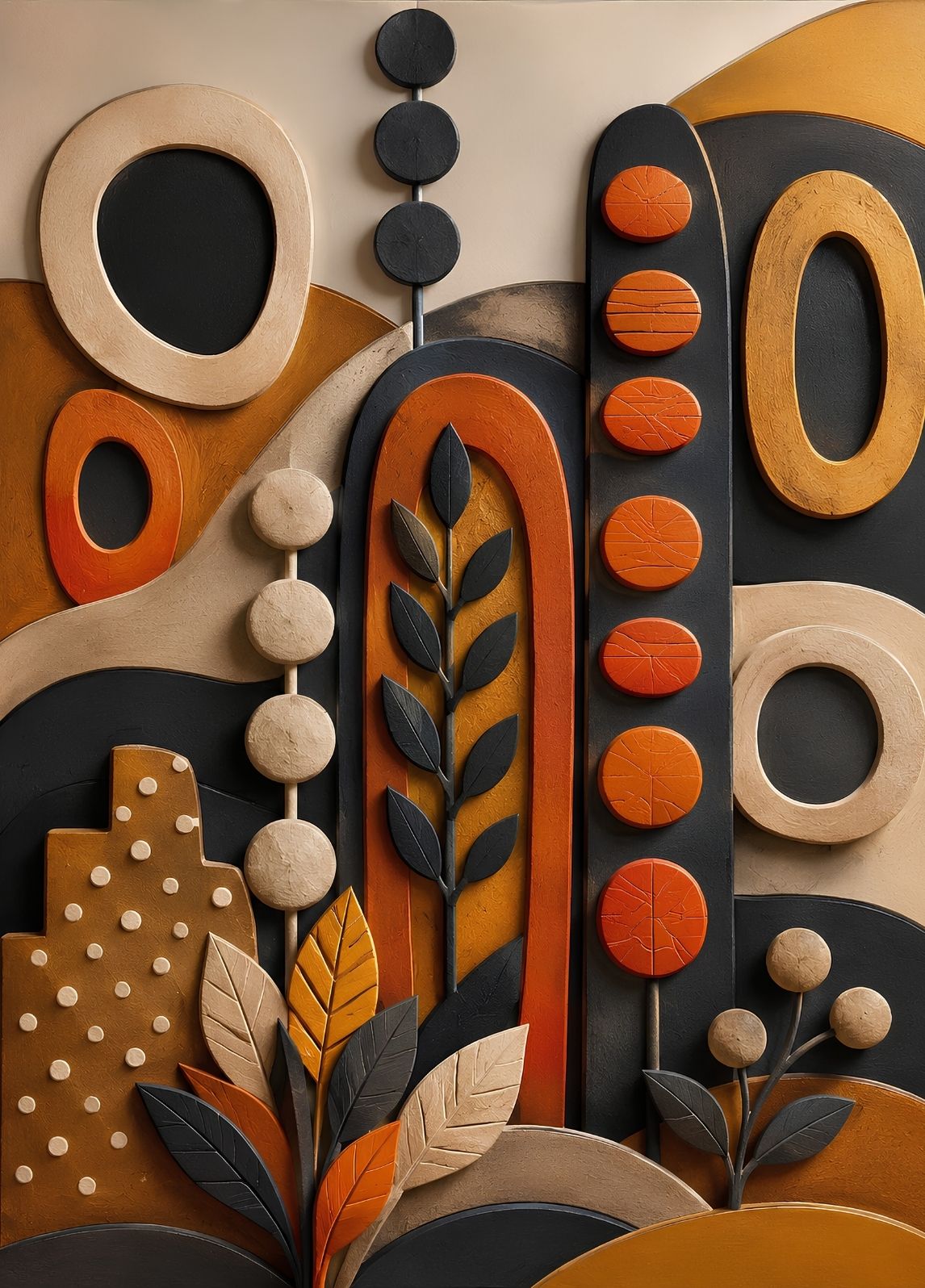 Tableau abstrait organique aux formes géométriques et couleurs terracotta
