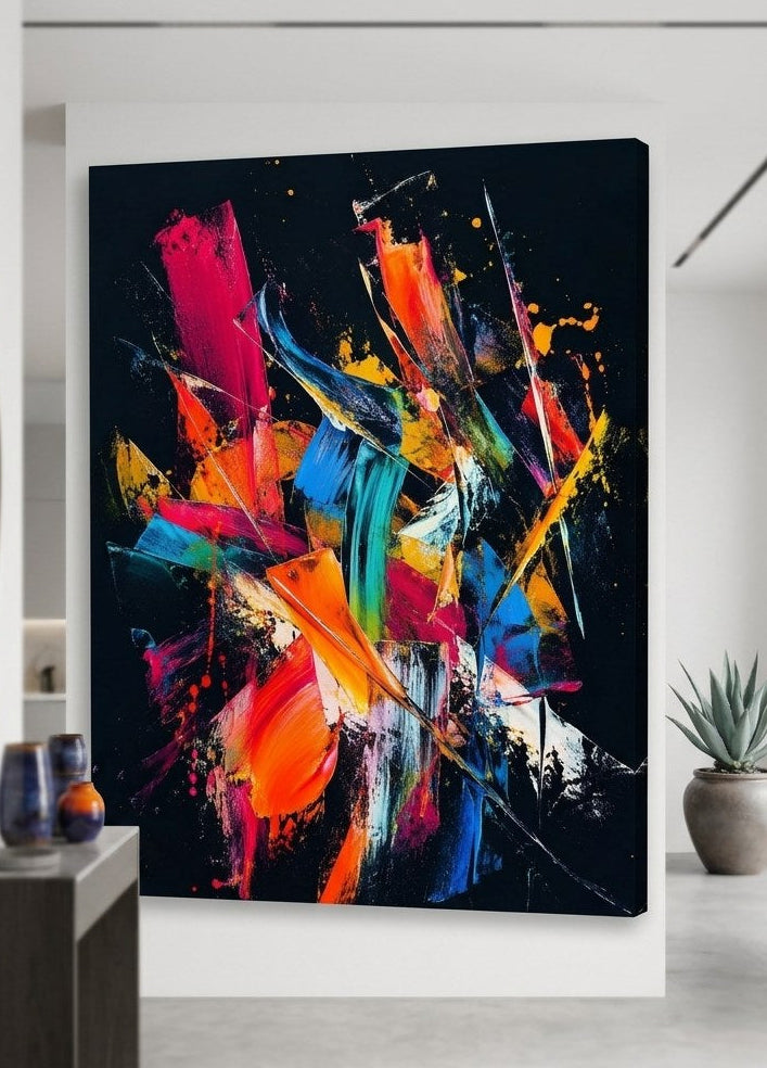 Tableau peinture abstraite moderne aux couleurs vives sur fond noir
