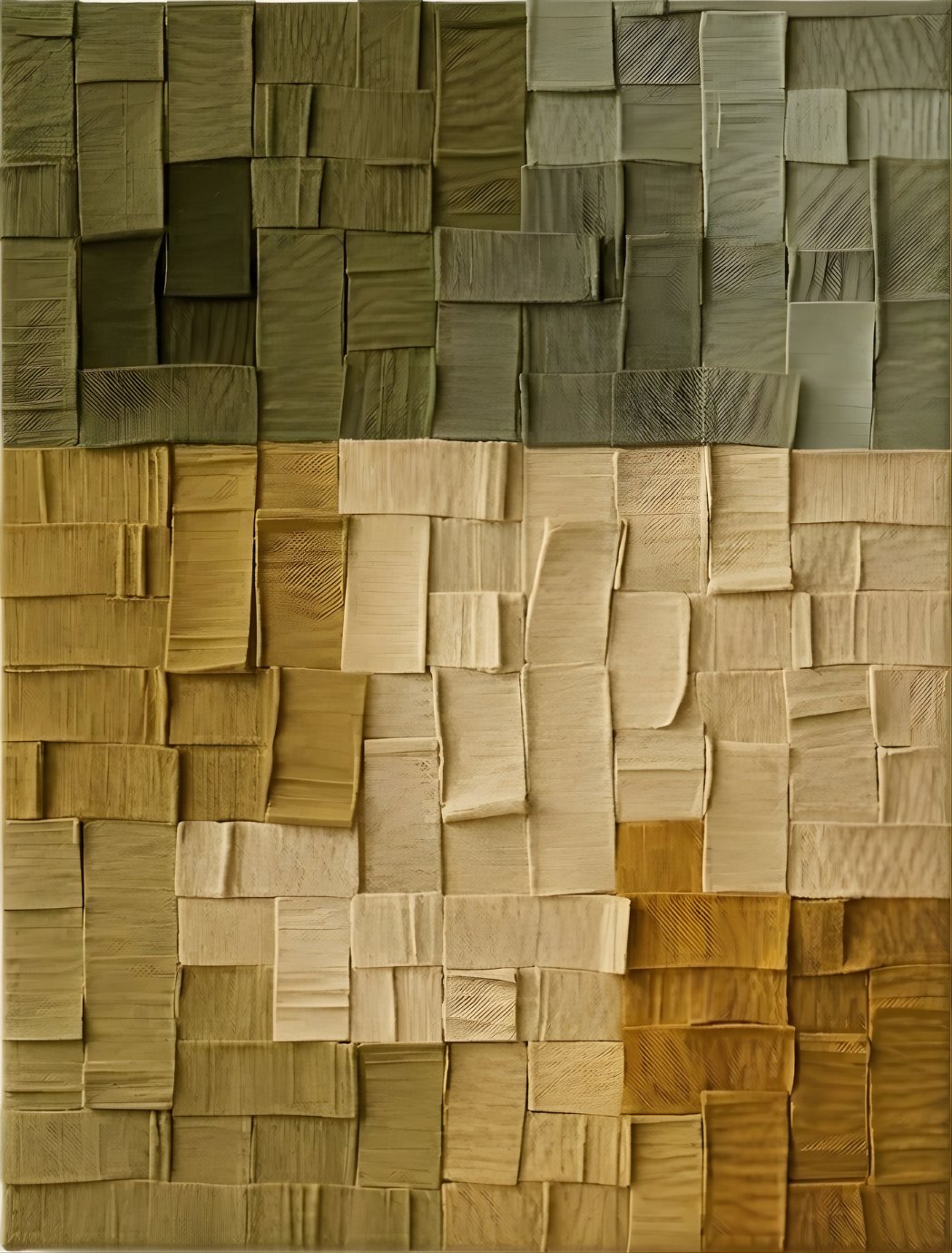 Composition abstraite en relief évoquant matières naturelles et textures textiles dans des tons beiges et verts pour décoration murale moderne
